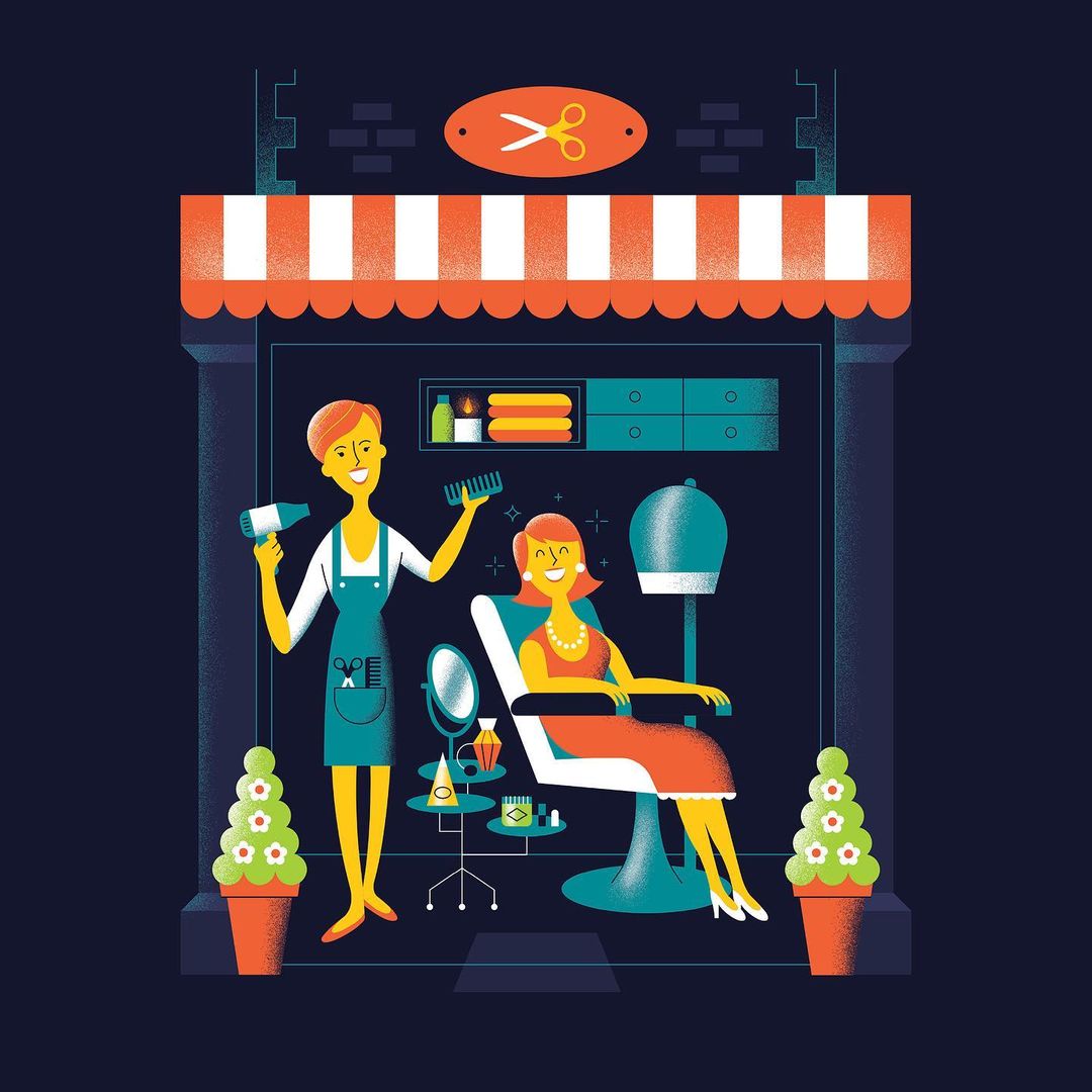 Illustration of a smiling woman getting her hair styled at a salon, with a stylist using a blow dryer and comb.