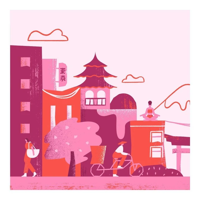 Illustration of a pink-themed cityscape with buildings, trees, and people on a bike and walking on a vibrant pink street.