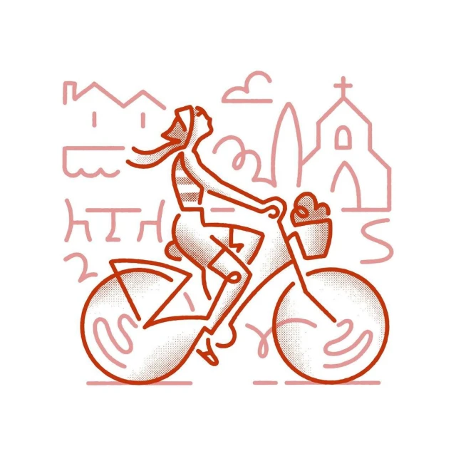 Illustration of a woman riding a bicycle, with buildings in the background, in a minimalist, line art style.