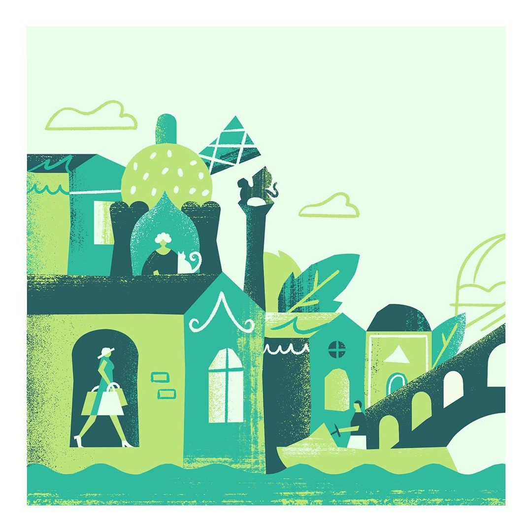 Stylized illustration of a woman walking with shopping bags, a man in a boat, and various building structures in green and blue hues.