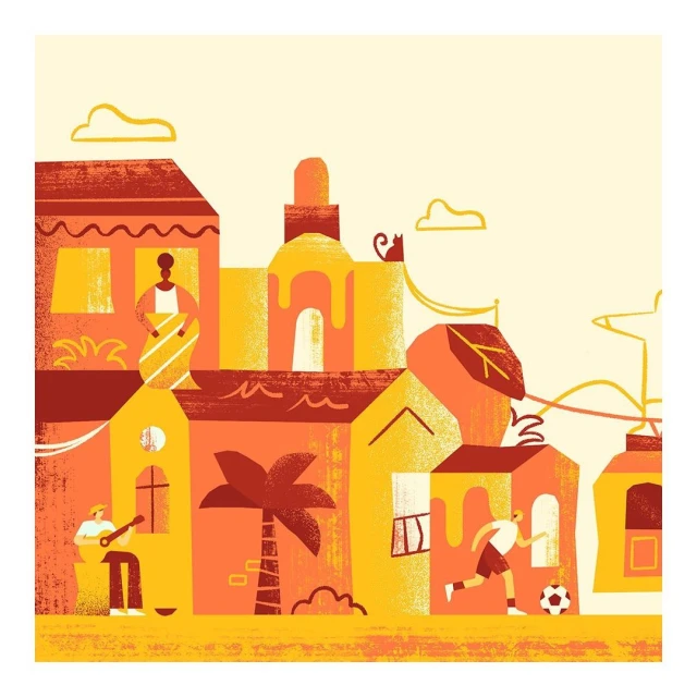 Illustrated scene of daily life in a warm-toned town: people playing music, cat on a roof, woman in a window, soccer game, and palm tree.