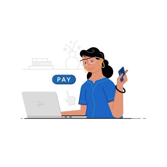 Illustration of a woman using a laptop and holding a credit card, set against a white background with minimalist décor.