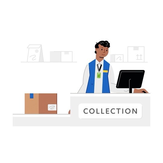 Illustration of a collection point with a person working at a counter with a monitor, boxes, and the word "Collection" displayed.
