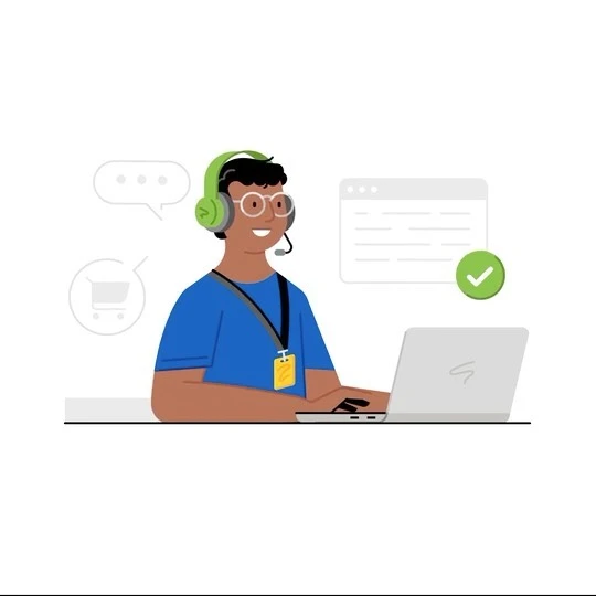 Illustration of a person with glasses and headphones working at a laptop with website elements and a checkmark on a white background.