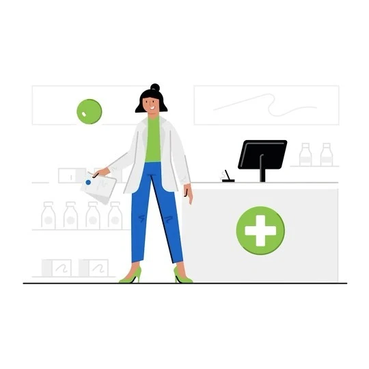 Illustration of a female healthcare worker in a white coat, standing in a medical office, holding a chart, with a front desk.