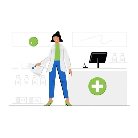 Illustration of a female healthcare worker in a white coat, standing in a medical office, holding a chart, with a front desk.