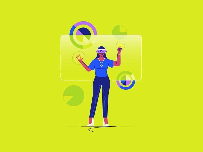 Illustration of a woman using a VR headset with floating data charts on a chartreuse green background, tech and data visualisation concept.