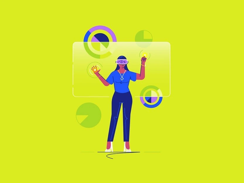 Illustration of a woman using a VR headset with floating data charts on a chartreuse green background, tech and data visualisation concept.