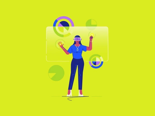 Illustration of a woman using a VR headset with floating data charts on a chartreuse green background, tech and data visualisation concept.
