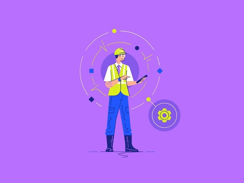 Illustration of a construction worker in a hard hat and safety vest holding a tablet, surrounded by geometric shapes on a purple background.