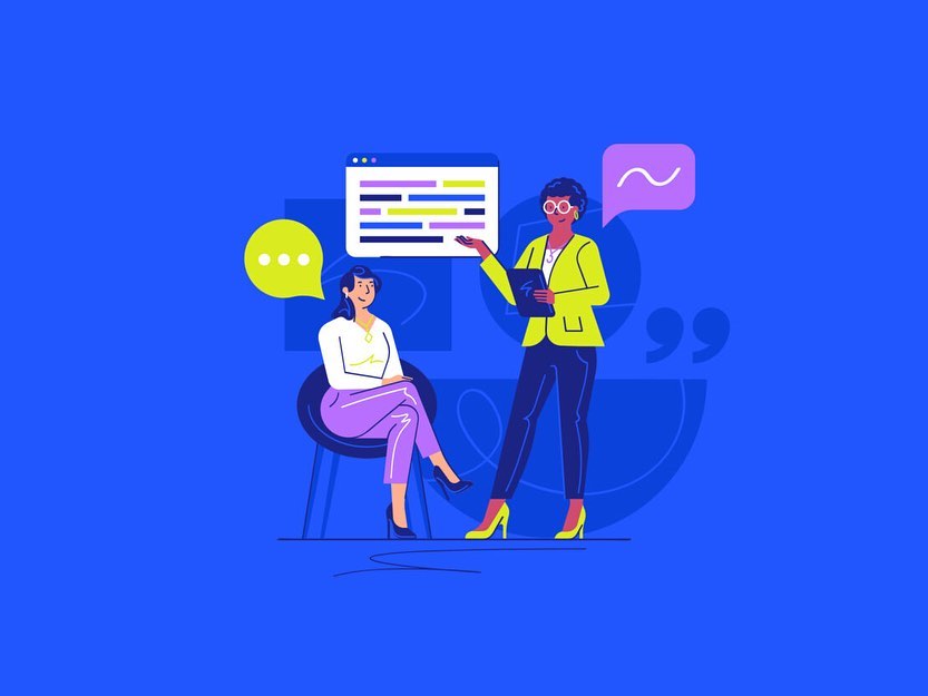 Two women in a modern graphic illustration. One woman is seated, while another is standing and presenting, set against a blue background.