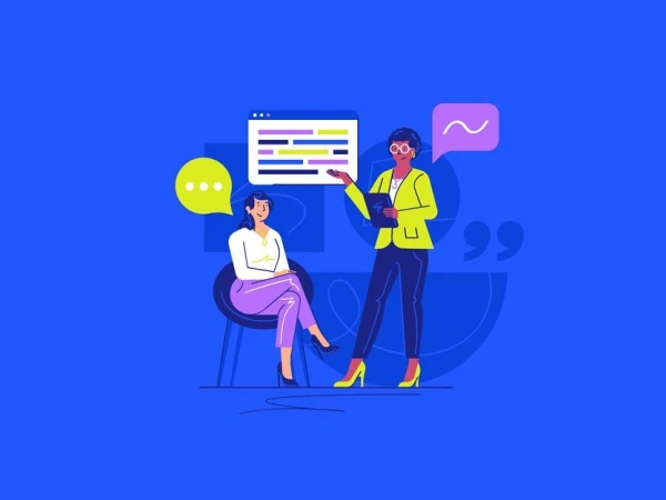 Two women in a modern graphic illustration. One woman is seated, while another is standing and presenting, set against a blue background.