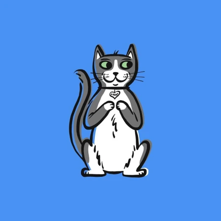 Illustration of a gray and white cat with green eyes sitting upright against a blue background with a heart-shaped tag.