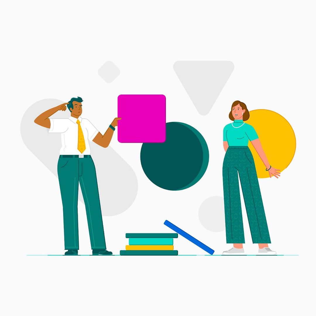 Illustration of a thinking man holding a square shape alongside a standing woman, set against a backdrop of geometric shapes.