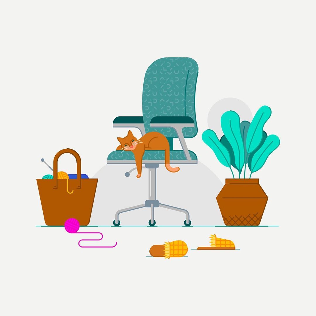 Illustration of a cat sleeping on an office chair, with knitting basket and slippers nearby, set against a white background.