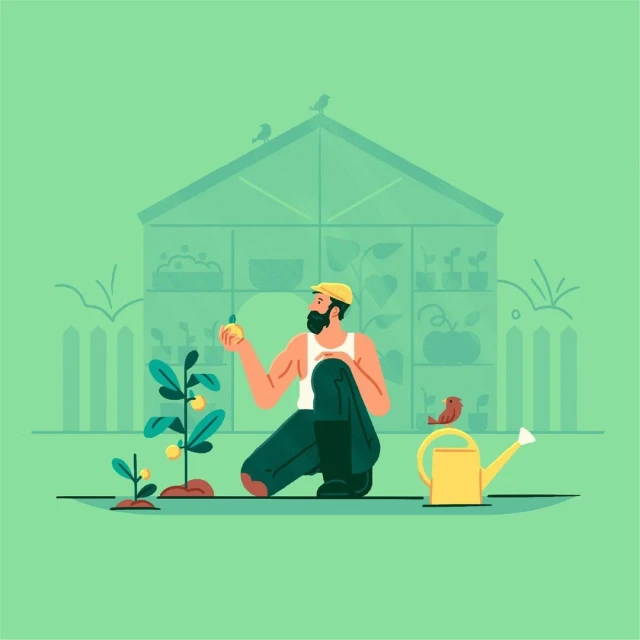 Illustration of a male gardener tending a young plant with fruit, set against a greenhouse backdrop and pastel green background.
