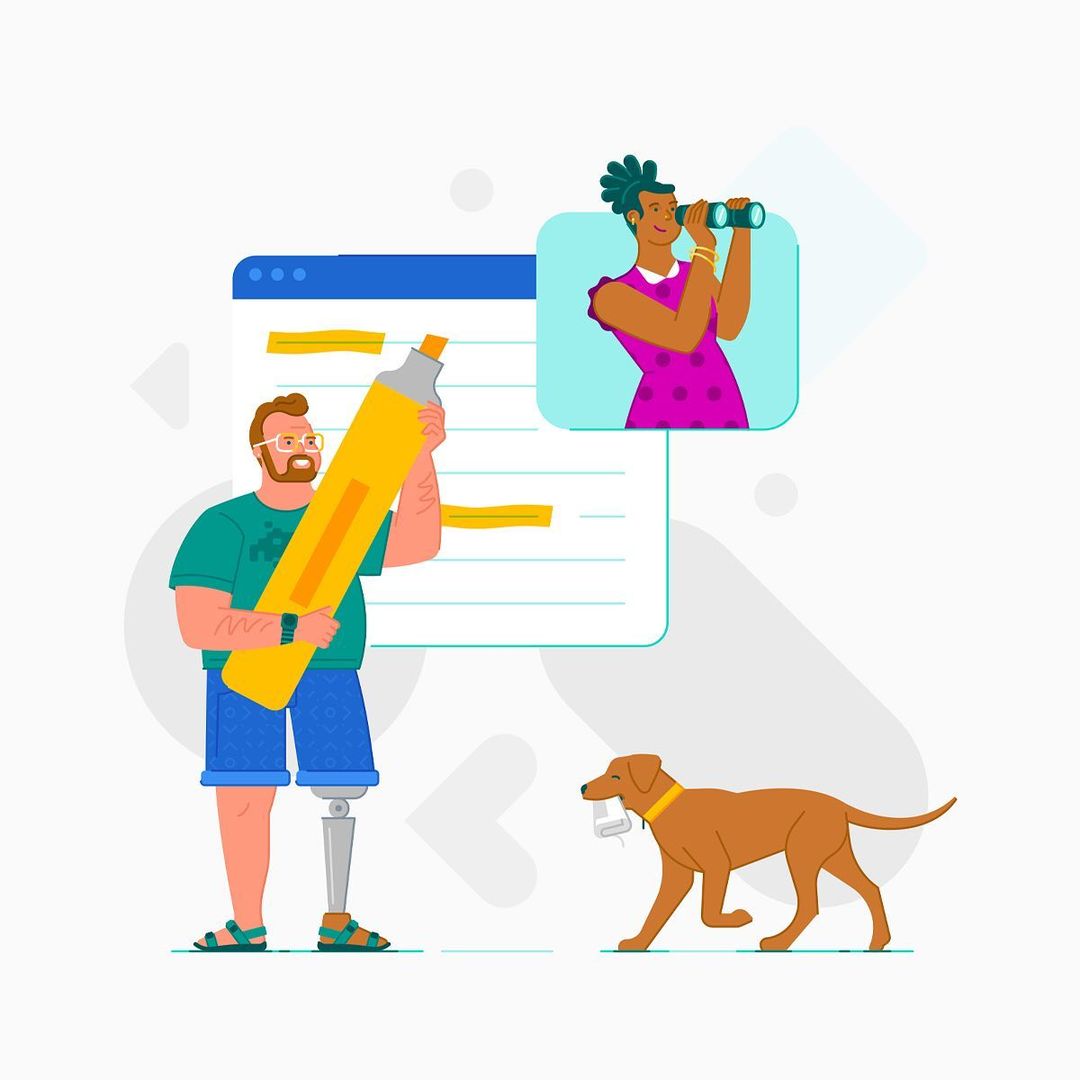 Illustration of a man with a prosthetic leg holding a large highlighter, a woman looking through binoculars, and a dog, against a light background.