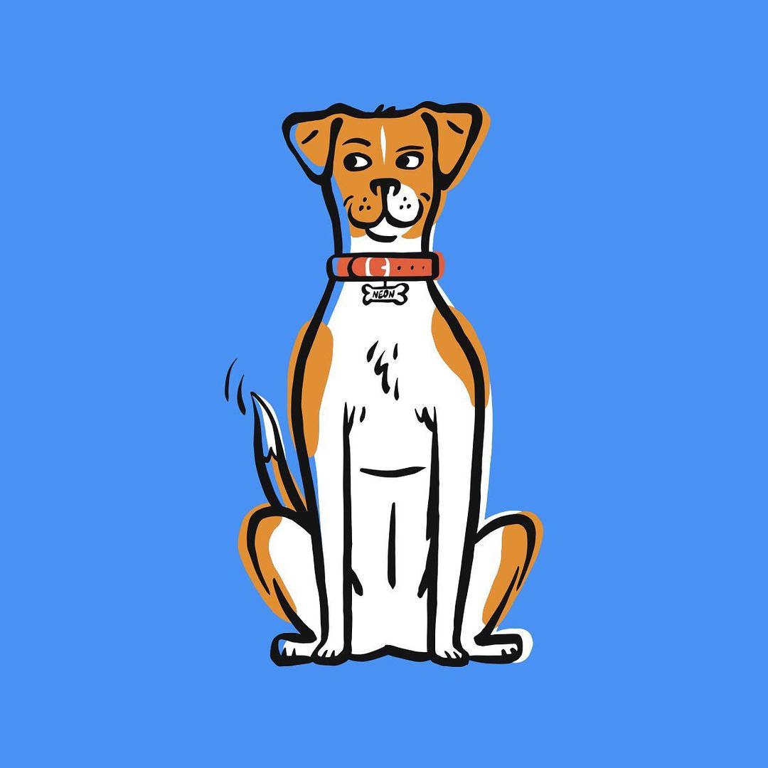 Illustration of a seated tan and white dog wearing a red collar against a blue background, showcasing a simple, cartoon style.