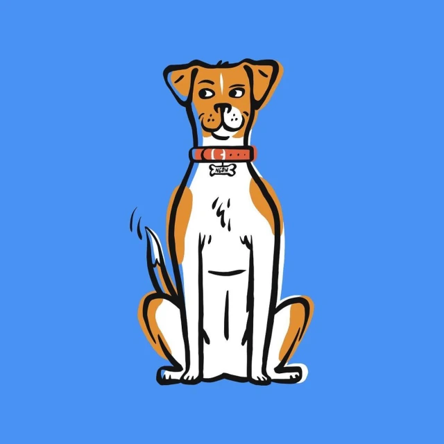 Illustration of a seated tan and white dog wearing a red collar against a blue background, showcasing a simple, cartoon style.