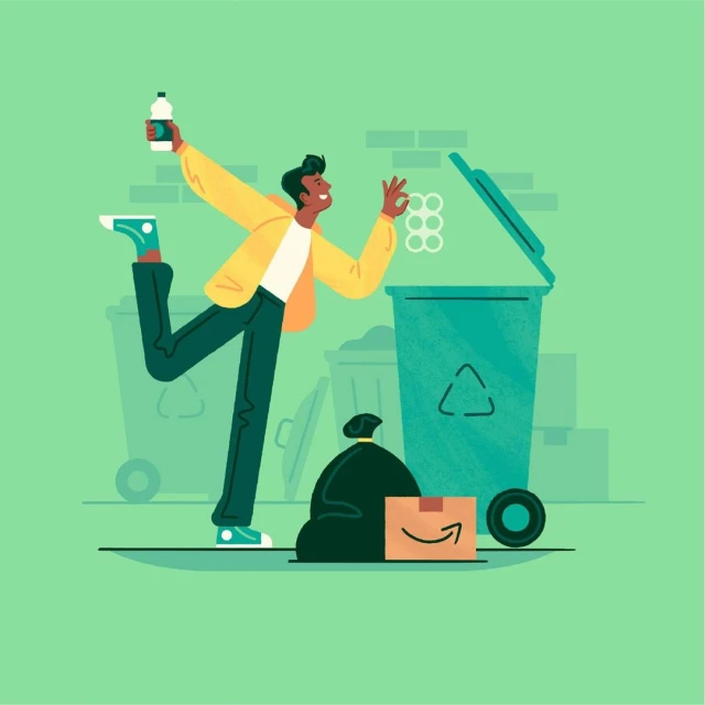 Illustration of a person tossing a plastic bottle into a recycling bin, with a trash bag and recycling symbol visible.