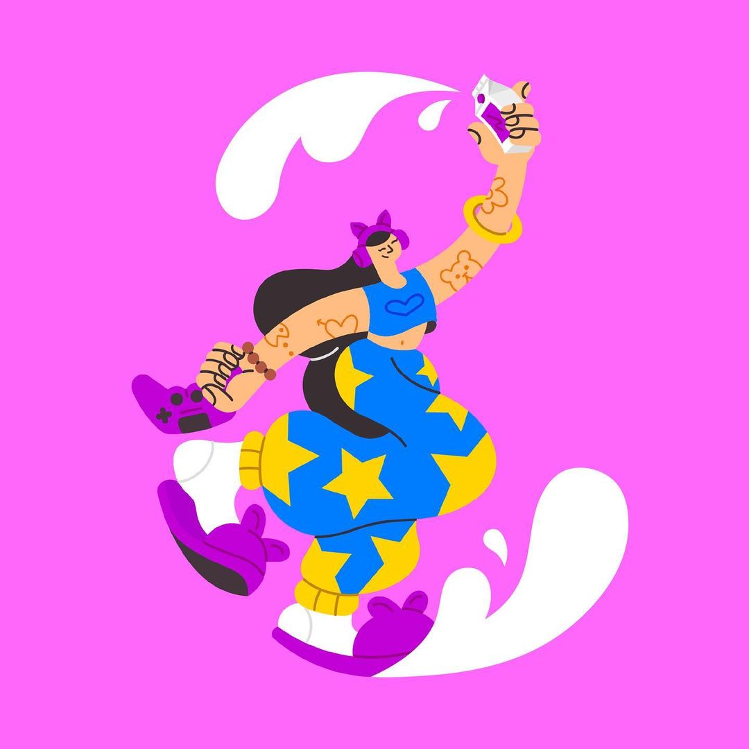 Illustration of a person in colorful clothing holding a carton of liquid while standing on a white splash against a pink background.