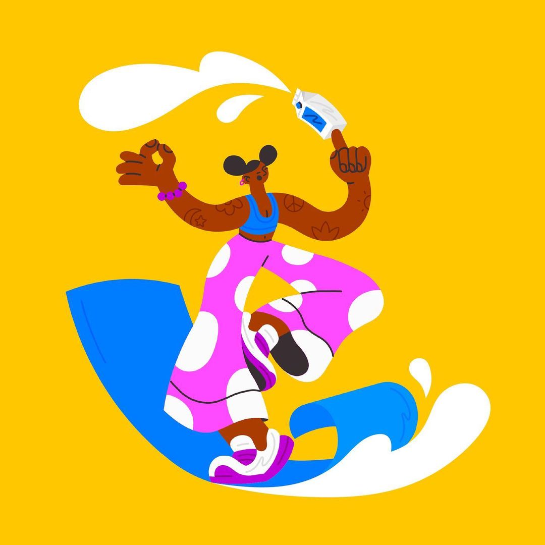 Illustration of woman balancing on water waves, wearing polka dot pants and a blue top, holding a water gun, on a yellow backdrop.