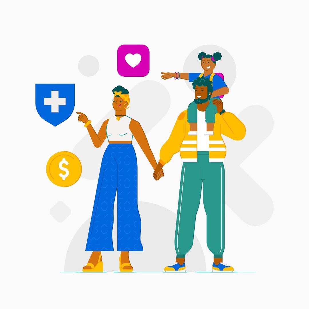 Illustration of a family of three: a woman, a man with a child on his shoulders, with health insurance and financial icons.