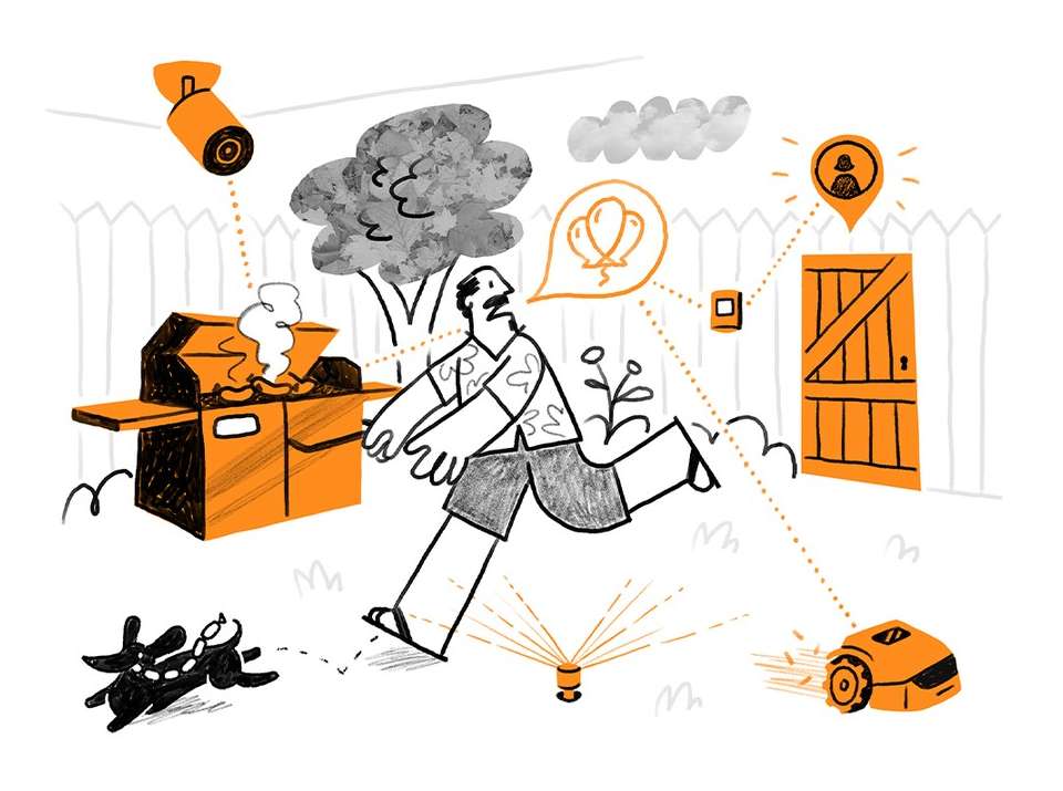 Illustration of a man running in a backyard with a grill, surveillance camera, sprinklers, lawn mower, and fence, with dogs chasing.