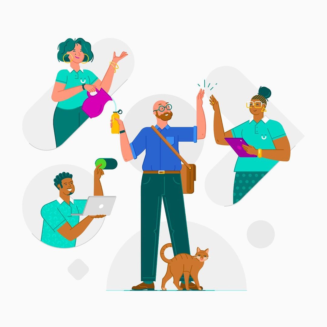 Illustration of a diverse group of people with a cat, showcasing a flat design style, colorful and modern, on a white background.