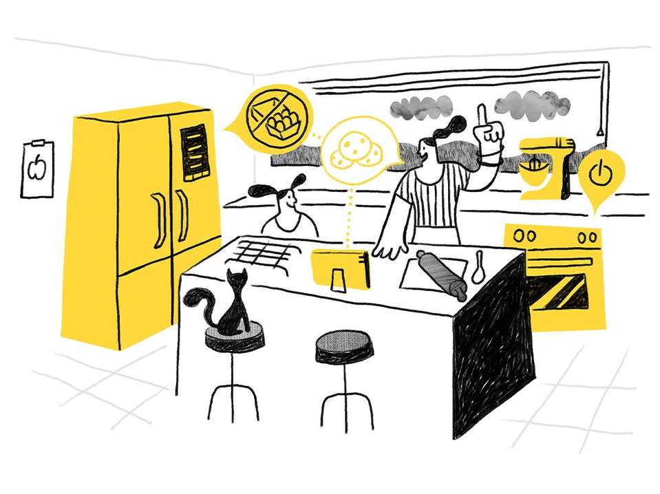 Cartoon style illustration of a kitchen scene featuring a woman instructing another person as a cat sits on a stool.