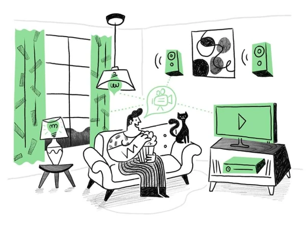 Illustration of a man watching TV with his cat, speaker, and popcorn. The man is sitting on a sofa in an indoor setting.