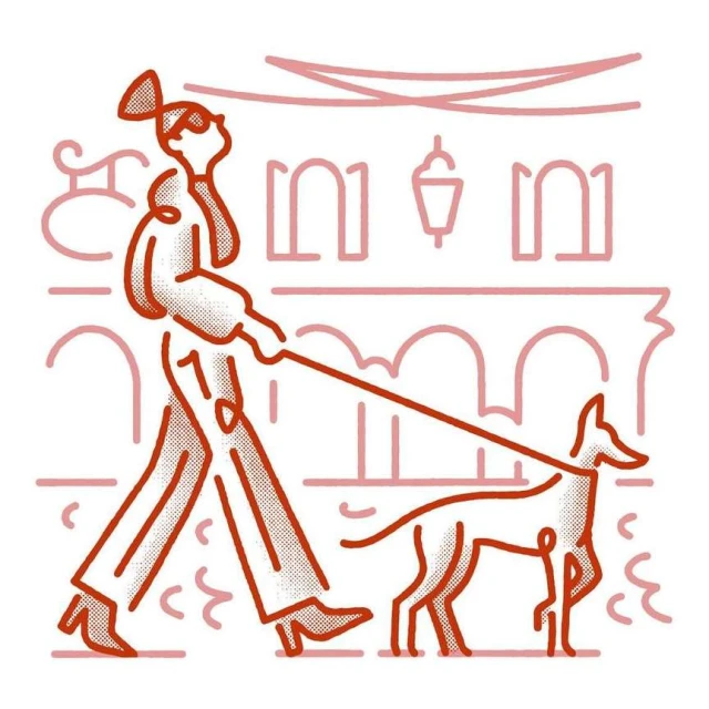 Illustration of a woman walking a dog on a leash in front of a building with arches, created with a line art style and pink tones.