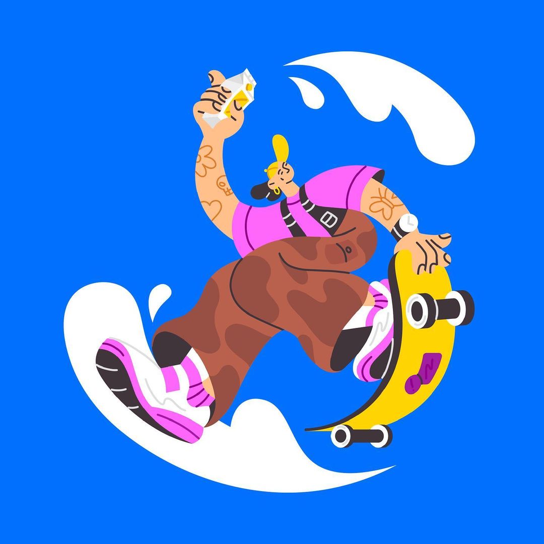 Whimsical illustration of a person skateboarding while holding a carton with liquid dripping from it against a blue background with white accents.