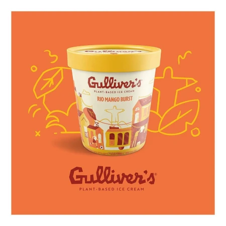 Eye-level studio shot of a pint of Gulliver's Rio Mango Burst plant-based ice cream set against an orange background with line-art leaves.