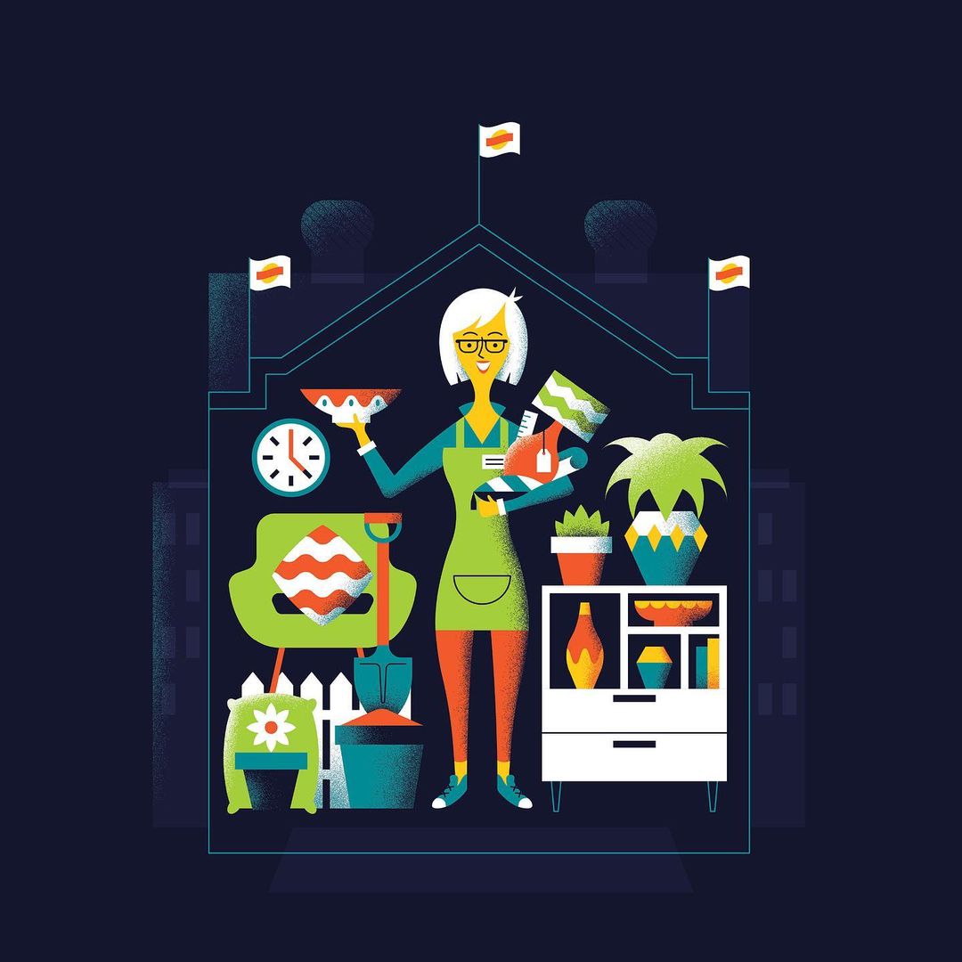 Illustration of a person in an apron inside a building, holding planters and gardening tools, with plants and flowers.