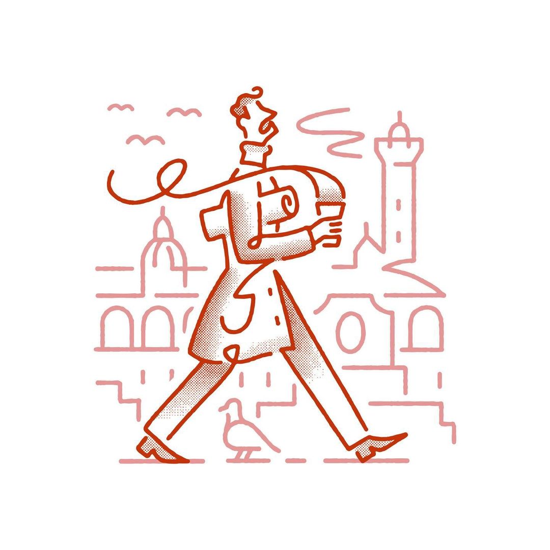 Illustration of a man walking in a city, rendered in a line art style with buildings and a bird in the background.