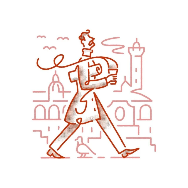 Illustration of a man walking in a city, rendered in a line art style with buildings and a bird in the background.