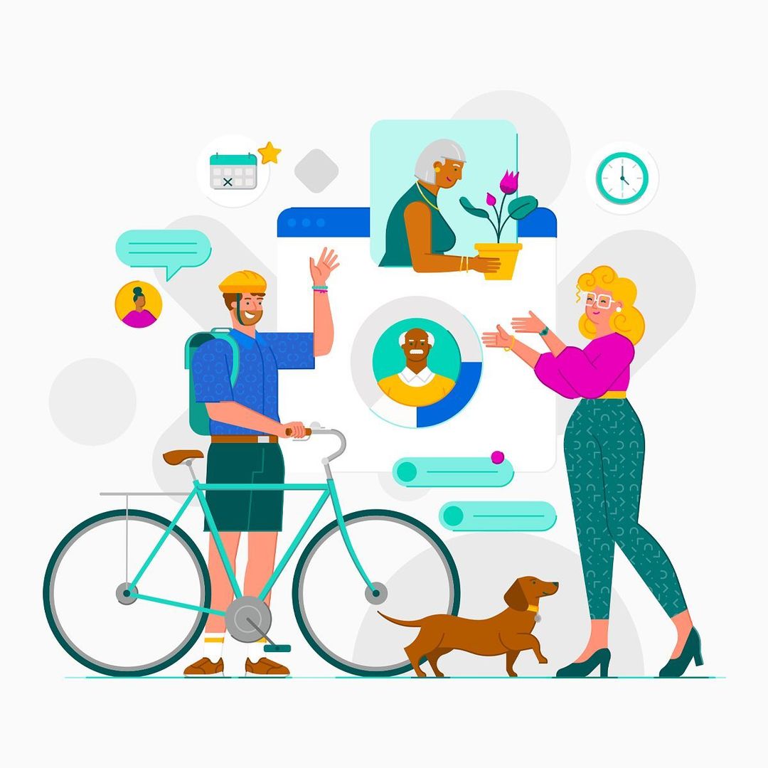 Illustration of a woman, man on bike, dog, and two portrait images of people. Social media or communication concept.