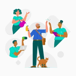 Vector illustration by Makers Company featuring five diverse people and a ginger cat against a white background.