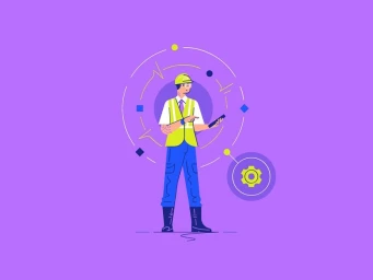 Illustration of a construction worker in a high-vis vest and hard hat holding a tablet against a purple background