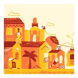 Illustrated town scene in warm tones with stylized buildings, figures playing guitar and soccer, and textured shapes.