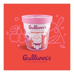 Illustrated pink ice cream tub featuring Gulliver's Tokyo Cherry Swirl branding on a solid red background