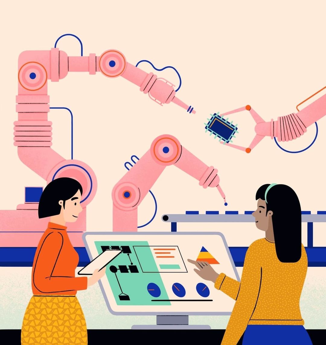 Illustration of two adult females collaborating on a technology project with robotic arms, circuit boards, and a computer screen.