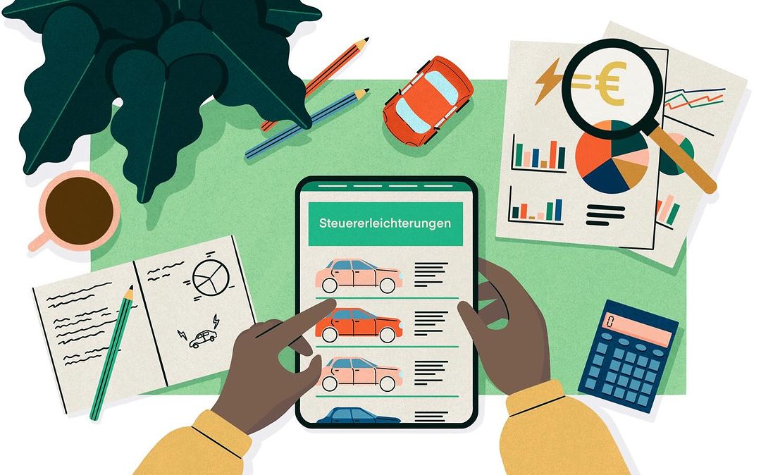 Illustration of hands using a tablet displaying car tax information, surrounded by pencils, charts, a toy car, and a potted plant.