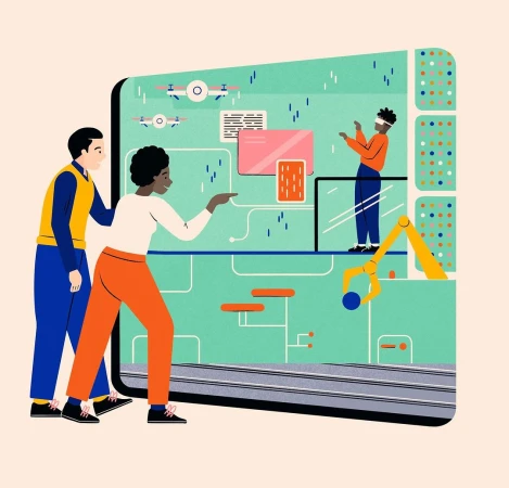 Illustration of two figures collaborating in front of a digital display featuring drones, a robotic arm, and a person in VR goggles.