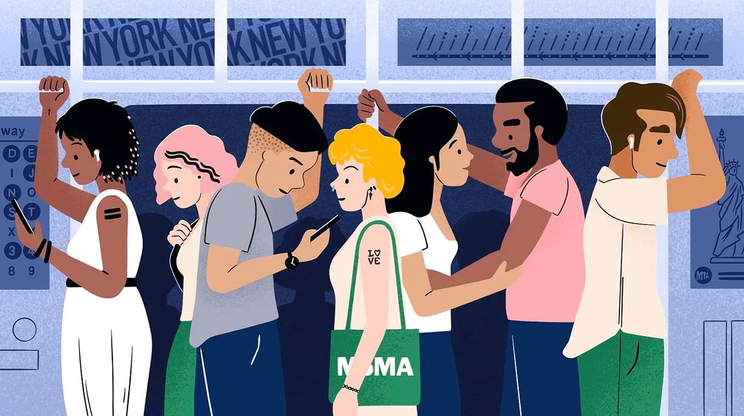 Illustration of people riding on a subway, using cell phones, holding onto handles, wearing headphones, and carrying tote bags.