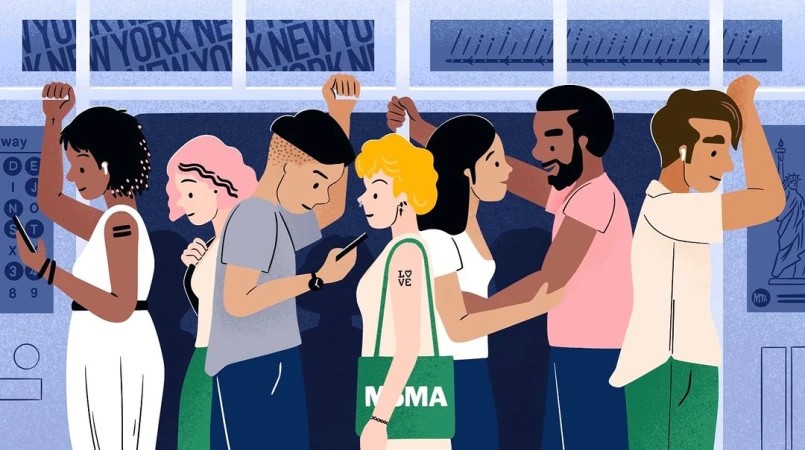 Illustration of people riding on a subway, using cell phones, holding onto handles, wearing headphones, and carrying tote bags.