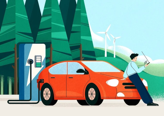 Illustration of an orange electric car charging, a man using a laptop, wind turbines, and green trees in a clean energy design.
