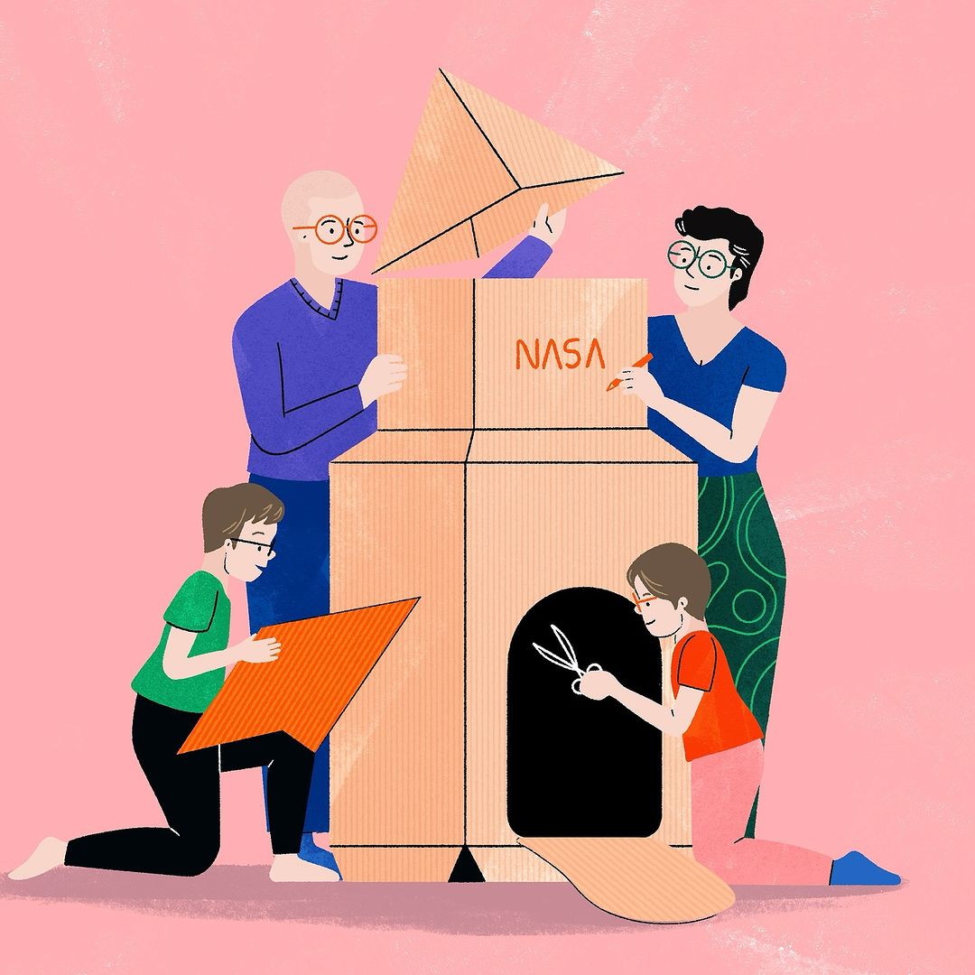 Illustration of four people building a rocket ship out of cardboard boxes, with the NASA logo visible. Concept of kids and family.