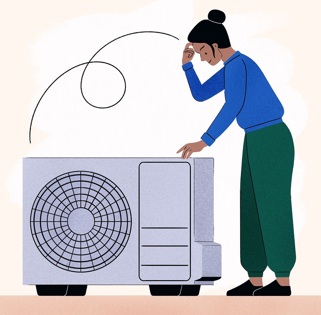 Illustration of a woman inspecting an air conditioner unit, rendered in a flat, textured style on a light background with abstract line.